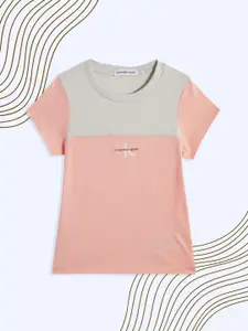 Calvin Klein Jeans Girls Pink & Grey Colourblocked Pure Cotton T-shirt