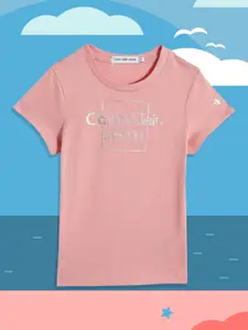 Calvin Klein Jeans Girls Pink Brand Logo Printed Organic Cotton T-shirt