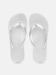 Tommy Hilfiger Women Silver-Toned Brand Logo Printed Thong Flip-Flops