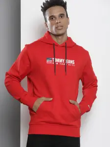 Tommy Hilfiger Men Red Printed Hooded Organic Cotton Sweatshirt