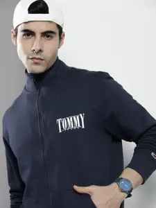 Tommy Hilfiger Men Navy Blue Brand Logo Applique Open Front Sweatshirt