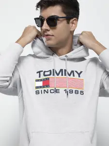 Tommy Hilfiger Men Grey Brand Logo Printed Pure Cotton Hooded Sweatshirt