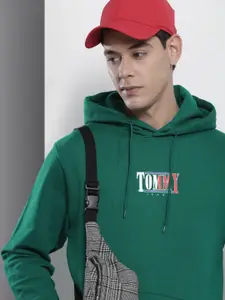 Tommy Hilfiger Men Green Brand Logo Printed Hooded Sweatshirt