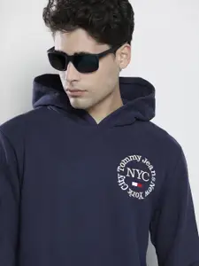 Tommy Hilfiger Men Navy Blue Brand Logo Embroidered Hooded Sweatshirt