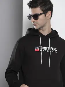 Tommy Hilfiger Men Black Printed Hooded Casual Sweatshirt