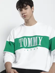 Tommy Hilfiger Men White & Green Brand Logo Embroidered Pure Cotton Sweatshirt
