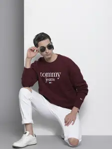 Tommy Hilfiger Men Burgundy Brand Logo Embroidered Pullover Sweatshirt