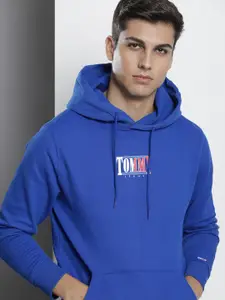 Tommy Hilfiger Men Blue Brand Logo Printed Pure Cotton Hooded Sweatshirt
