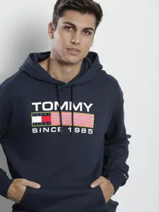 Tommy Hilfiger Men Navy Blue Brand Logo Printed Hooded Pure Cotton Sweatshirt