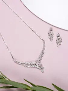 Zavya Women 925 Sterling Silver Stone Studded Rhodium-Plated Necklace with Earrings