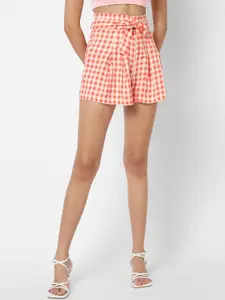VASTRADO Women Peach-Coloured & White Checked Skort Mini Skirt