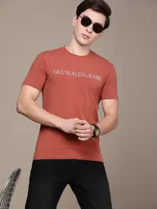 Calvin Klein Jeans Men Rust Red Brand Logo Printed Applique Slim Fit T-shirt