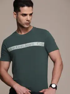Calvin Klein Jeans Men Teal Green Brand Logo Applique Detail Slim Fit T-shirt