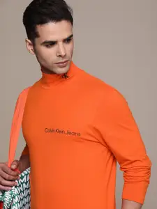 Calvin Klein Jeans Men Orange Brand Logo Printed High Neck Pure Cotton T-shirt