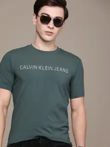 Calvin Klein Jeans Men Teal Green Pure Cotton Applique Slim Fit T-shirt