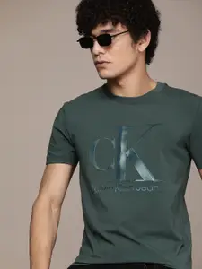 Calvin Klein Jeans Men Teal Green Institutional wash Organic Cotton Slim Fit T-shirt