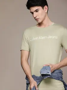 Calvin Klein Jeans Men Beige Brand Logo Printed Pure Cotton T-shirt