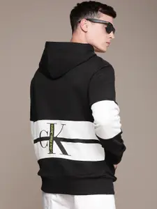 Calvin Klein Jeans Men Black & White Colourblocked Hooded Sweatshirt with Logo Print