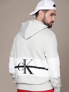 Calvin Klein Jeans Men Grey & White Colourblocked Hooded Sweatshirt with Logo Print