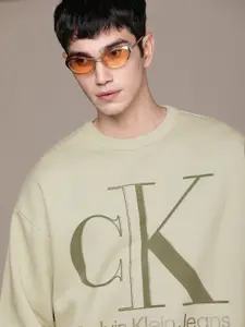 Calvin Klein Jeans Men Olive Green Brand Logo Printed Applique Sweatshirt