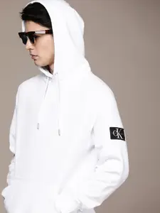 Calvin Klein Jeans Men White Brand Logo Printed Applique Hooded Sweatshirt