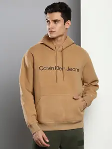 Calvin Klein Jeans Men Camel Brown Logo Embroidered Hooded Sweatshirt