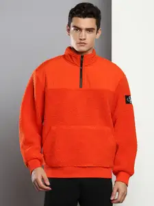 Calvin Klein Jeans Men Coral Orange Solid Sherpa Sweatshirt