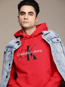 Calvin Klein Jeans Men Red Brand Logo Printed Hooded Pure Cotton Sweatshirt