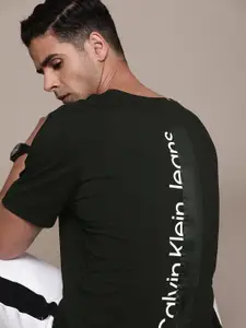 Calvin Klein Jeans Men Black Brand Logo Printed Slim Fit Pure Cotton T-shirt