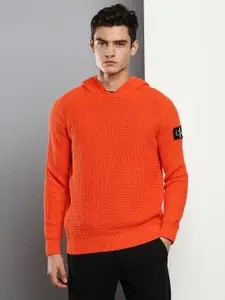 Calvin Klein Jeans Men Orange Self Design Open-Knit Hooded Pullover Sweater