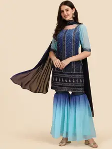 Virah Fashion Women Multicoloured Panelled Thread Work Kurti with Skirt & With Dupatta