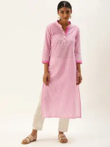 Saanjh Women Pink & White Cotton Striped Kurta