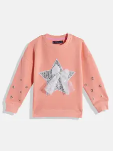 White Snow Girls Peach-Coloured & Silver Sequined Lace Bow Detail Sweatshirt