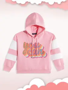 White Snow White Snow Girls Pink & Yellow Shimmery Typography Printed Hooded Sweatshirt