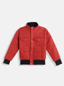 Little Marco Boys Red Solid Mock Collar Flap Pocket Sweatshirt