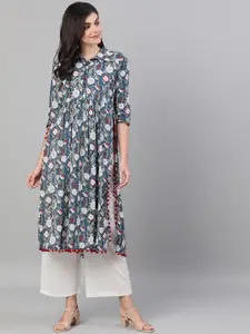 KIMAYRA Women Blue Floral Printed Keyhole Neck Thread Work Kurta