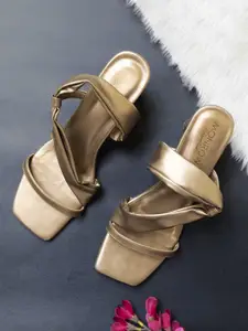 Monrow Copper-Toned Colourblocked PU Party Block Sandals with Buckles