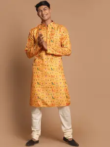 VASTRAMAY Men Yellow Floral Printed Angrakha Kurta with Pyjamas
