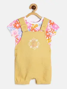 MINI KLUB Girls White & Mustard Printed Pure Cotton T-shirt with Trousers