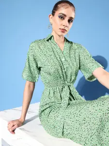 Style Quotient Green & White Floral Print Crepe Shirt Midi Dress