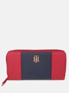 Tommy Hilfiger Women Navy Blue & Red Textured Colourblocked PU Zip Around Wallet