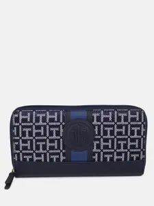 Tommy Hilfiger Women Navy Blue Brand Logo Self Design Applique Zip Around Wallet