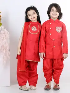 BownBee Boys Red Floral Embroidered Angrakha Sequinned Kurta with Dhoti Pants