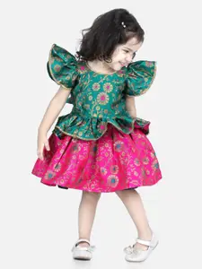 BownBee Green & Pink Jacquard Ruffle Sleeve Frock Party Peplum Dress