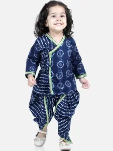 BownBee Girls Blue Printed Front Open Pure Cotton Angrakha Top Dhoti