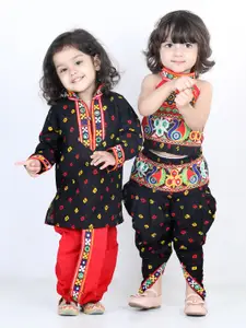BownBee Boys Black Printed Patchwork Pure Cotton Kurti with Dhoti Pants