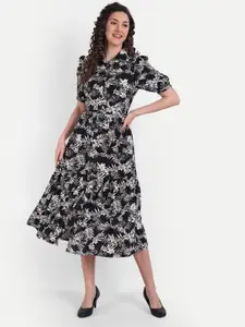 MINGLAY Black Floral Crepe A-Line Dress