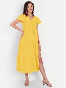 MINGLAY Yellow Tie-Up Neck Crepe A-Line Dress