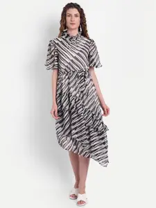 MINGLAY White Striped Georgette Midi Dress