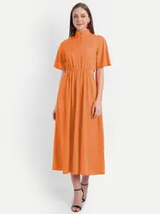 MINGLAY Orange Crepe Shirt Midi Dress